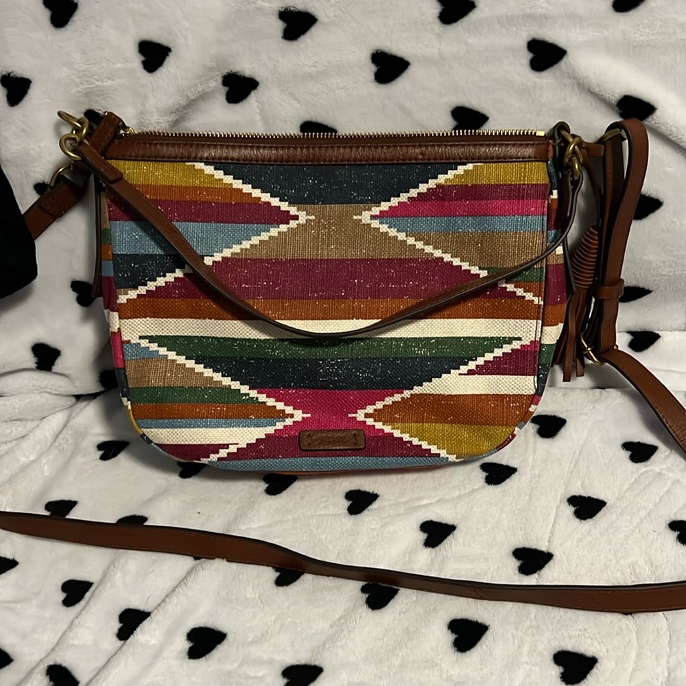 Fossil Multicolor Tribal Pattern Crossbody Bag with Brown Leather Trim
